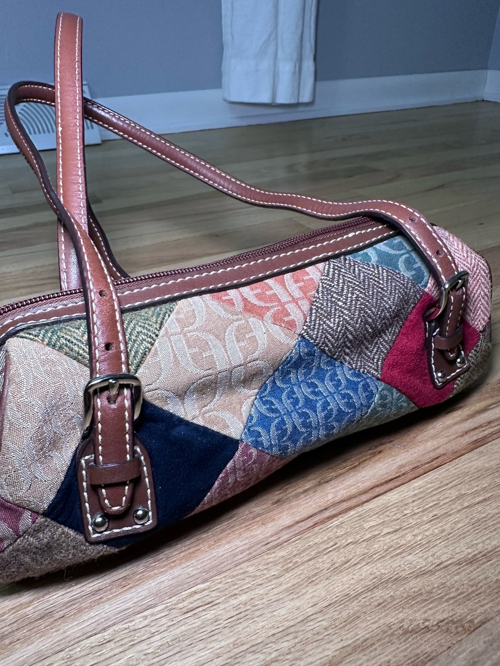 Y2K Fossil Multicolor Patchwork Leather Corduroy Tweed Barrel Shoulder Bag